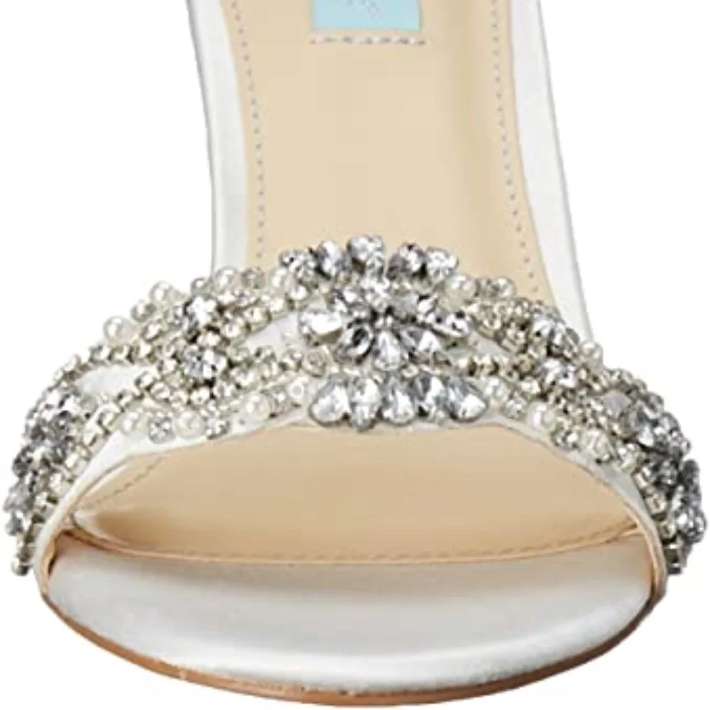 Betsey Johnson Gina Jeweled Ankle Strap Dress Sandals Silve Satin Stiletto Heels - Picture 2 of 8